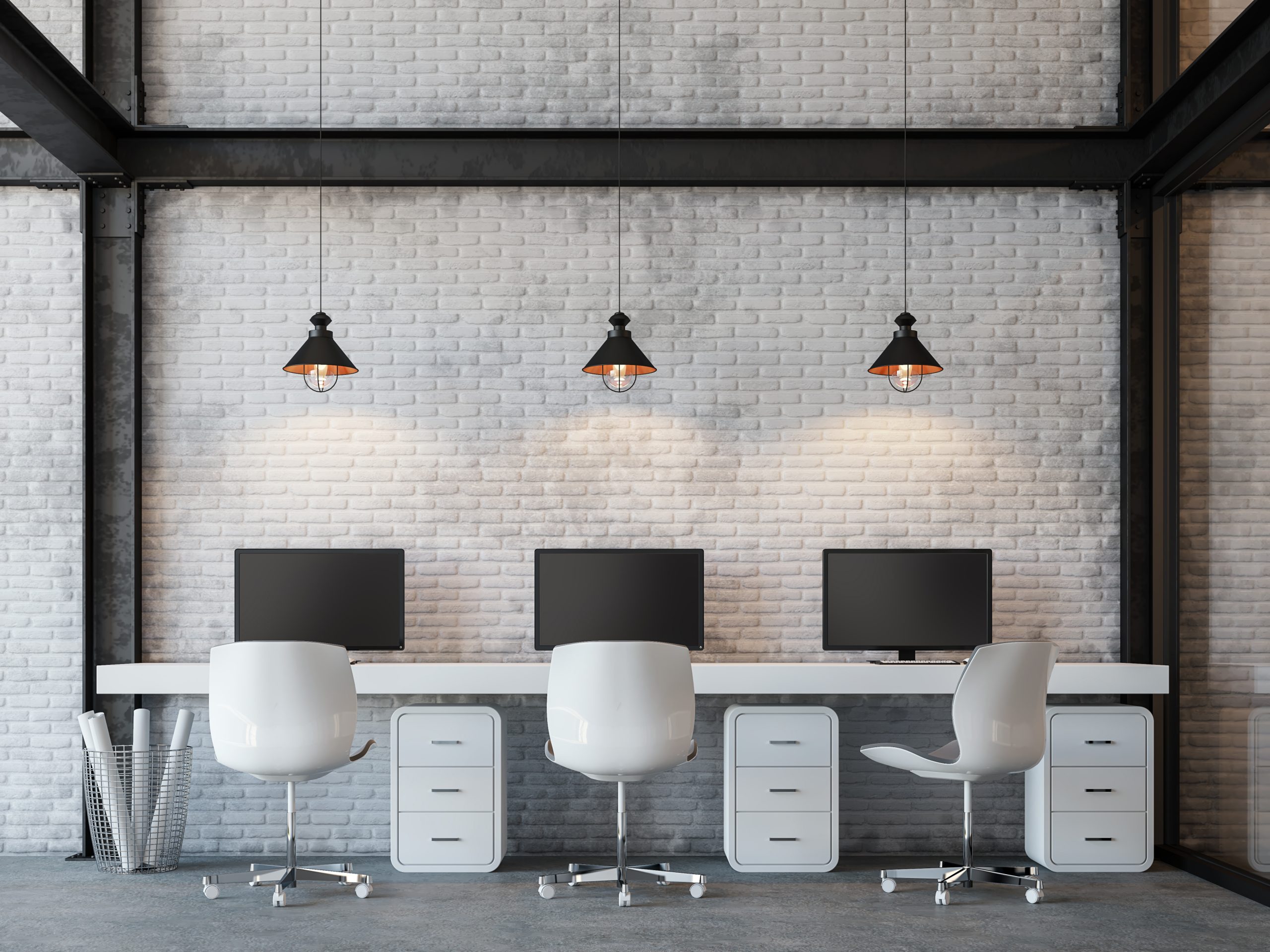 Loft style office 3d rendering image.There are white brick wall,